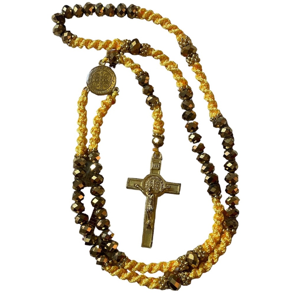 Gold and Brown Beaded Cross RosaryNecklace